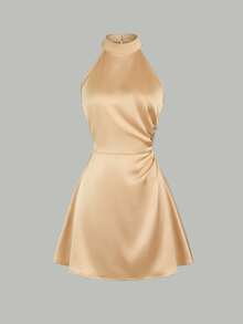 Franclia Vestido Minimalista Feminino de Cor Sólida com Botões Laterais e Decote Halter - Damasco - Visão 3