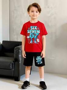 SHEIN 2pcs/Set Toddler Boys' Creative Graphic 67 Building Block & Lightning Bolt Letter Print Short Sleeve T-Shirt And Shorts,Summer,School,Back-To-School - Multicolor - View 8