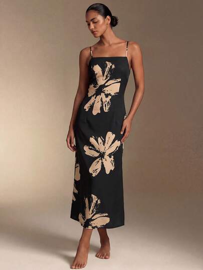 Swim Oasis Women's Long Printed Dress, Black Elegant Party Gown