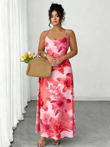 SHEIN Elenzya 大码女士休闲碎花吊带连衣裙，适合海滩、邮轮、城市度假、约会、音乐节、波西米亚海滩度假风格，粉色连衣裙 - 彩色 - 查看 3