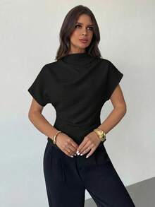 Firerie Wrinkled Collar Asymmetrical Sleeve Side Ruched Cinched Waist Commuter Apricot Bamboo Fiber Linen Blouse For Women, All Season,Summer Top - Black - View 5