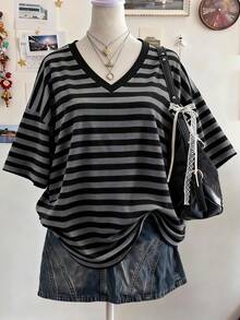 Lalippa Striped Digital Print V-Neck Dropped Shoulder T-Shirt, Gift For Friends - Grey - View 1