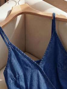 Vestido vaquero casual de mujer con camisola de unicolor y lazo - Azul lavado oscuro - Ver 3