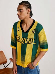 GALLERY FADE Men's Contrast Stripe & Letter Print V-Neck Short Sleeve Knit Top - Yellow - View 3