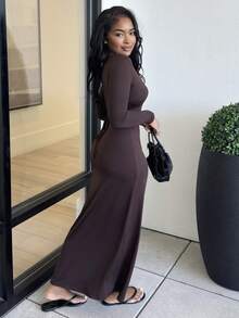 Alexandranx 女士优雅性感百搭修身连衣裙，黑色深V领长袖，腰部系带设计，显瘦 - 咖啡棕 - 查看 3