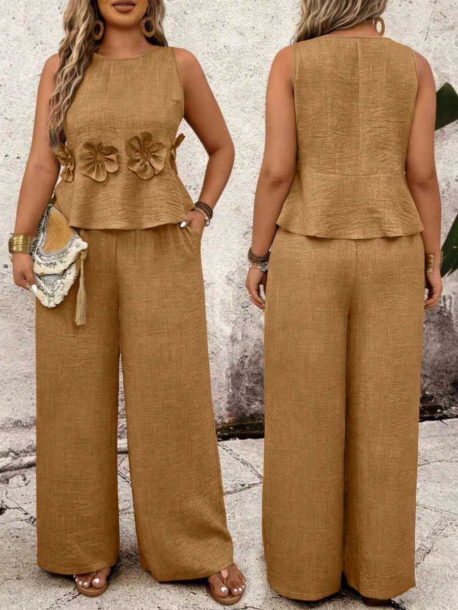 EMERY ROSE Plus Size Round Neck Sleeveless Cropped Floral Top And Loose Pants 2 Pieces Set - Khaki - View 1