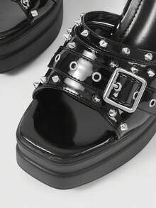 ROMWE Grunge Punk Women's Street Fashion Square Toe Peep Toe Open-Toed Platform High-Heeled Sandals, Punk Style Gothic Rivet Inlaid Metal Square Buckle Elastic Ankle Strap Design Platform Thick Heel Spring Summer Nightclub Party Festival Slip-On Women's Shoes - Black - View 4
