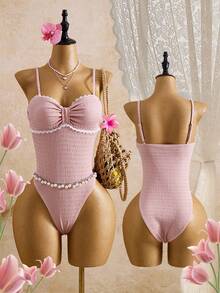 Bellisia 1pc Women Lace Trim One-Piece Swimsuit,Light Pink Cute Summer Holiday Beach Party Bathing Suit, Bow-Tie Bikini With Removable Cup Pads,Vacation - Pink - View 1