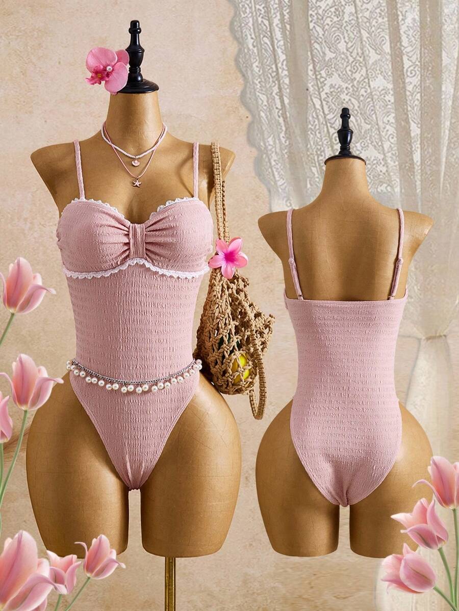 Bellisia 1pc Women Lace Trim One-Piece Swimsuit,Light Pink Cute Summer Holiday Beach Party Bathing Suit, Bow-Tie Bikini With Removable Cup Pads,Vacation - Pink - View 1