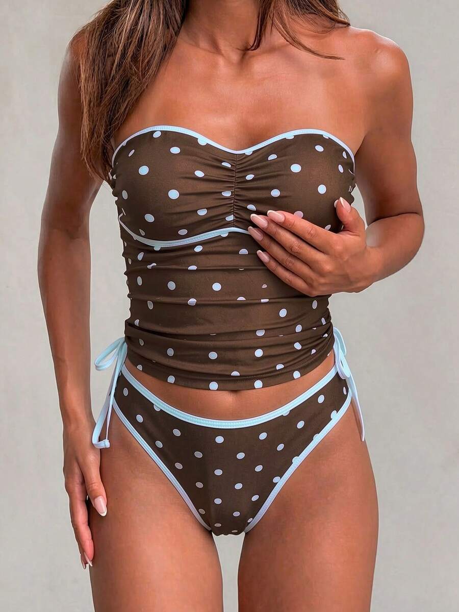 SHEIN Swim SXY Bộ 2 món bikini màu nâu chấm bi, dây đeo vai mảnh có thể tháo rời, xếp ly phía trước và có dây rút ở eo, thích hợp mặc đi biển cho nữ. - Nhiều màu - Xem 1