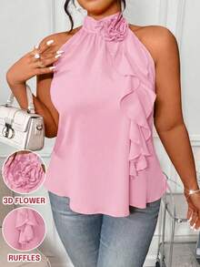 DreamSkyne Plus Size Summer Elegant 3D Floral Ruffle Neck Blouse For New Year Clothes - Pink - View 6