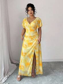 Elenzga Đầm maxi dáng ôm xếp ly xẻ tà, cổ chữ V, chất liệu lưới dệt kim nhiều lớp, cỡ lớn, họa tiết vân đá nhuộm tie-dye thanh lịch, thiết kế kiểu dáng nghỉ dưỡng, gợi cảm và tôn dáng. - Nhiều màu - Xem 5