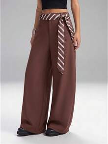 SHEIN EZwear 大码时尚通勤纯色弯腿西装裤阔腿裤宽松裤女装秋冬款 - 酒紅色 - 查看 2