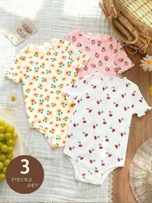 3pcs Baby Girl Knitted Floral, Cherry & Strawberry Pattern Ruffle Collar Casual Romper Set - Multicolor - View 8
