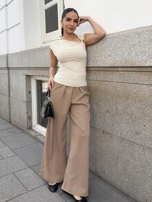 Marta Soriano 女式休闲金属装饰褶皱修身T恤，夏季 - 杏色 - 查看 4