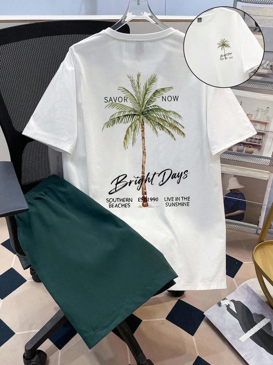 Manfinity Joysei Plus size herrset med vit t-shirt och gröna shorts, 2 delar - Multifärgad - Visa 1