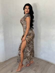 SHEIN SXY Đầm lưới xẻ cao gợi cảm họa tiết da báo - Nhiều màu - Xem 4
