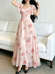 Modelyn 芙蓉花印花时尚方领短袖浅粉色碎花连衣裙，夏季收腰优雅连衣裙，适合夏季度假、日常穿着、海滩度假 - 彩色 - 查看 4