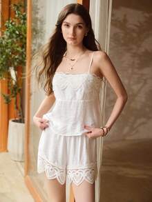 MOTF PREMIUM WOMEN'S SUMMER CONTRAST LACE CAMISOLE TOP AND SHORTS PAJAMA SET - White - View 7