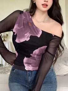 Modelyn 女士黑色纯色网眼撞色印花不对称褶皱加大码T恤 - 紫色 - 查看 4