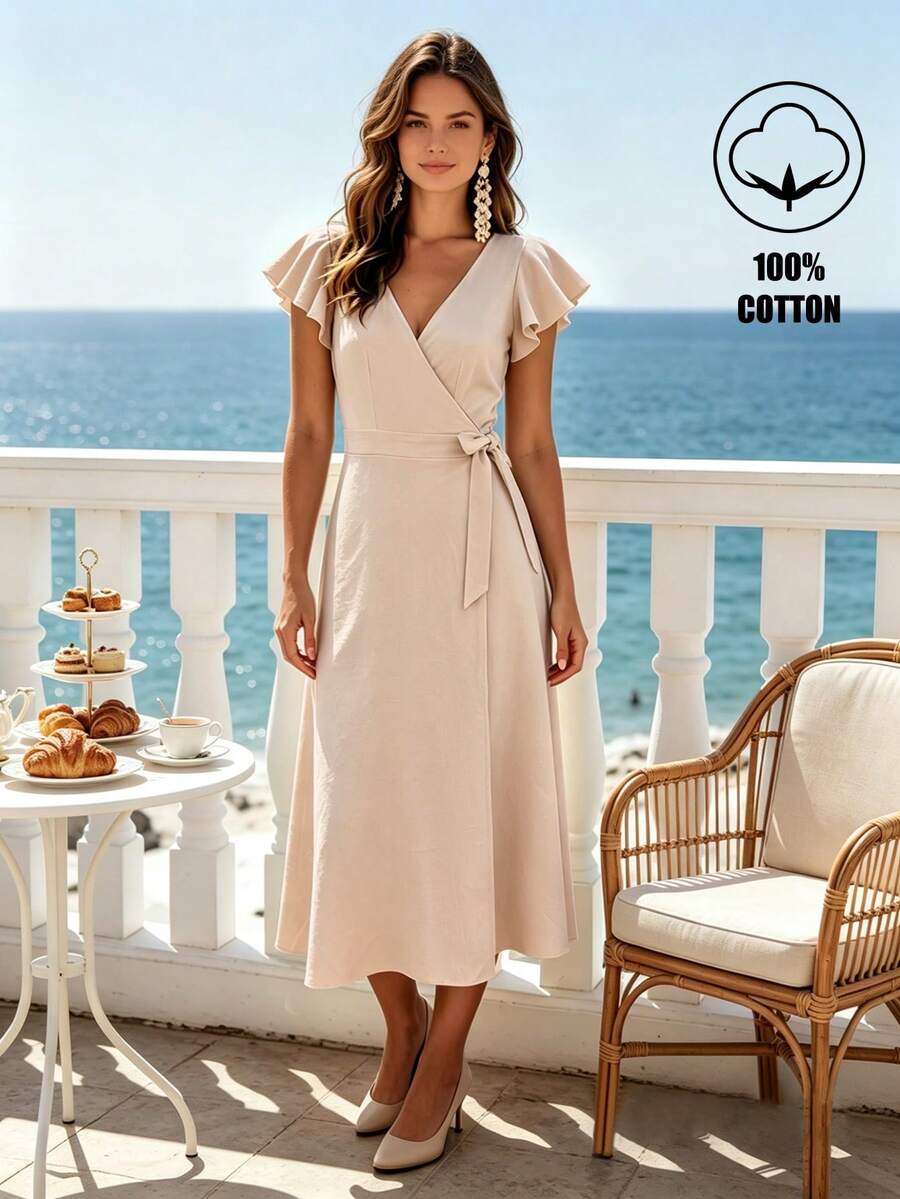 Apricot Ruffle Sleeve Wrap Tie Dress For Women, Vacation - Apricot - View 1