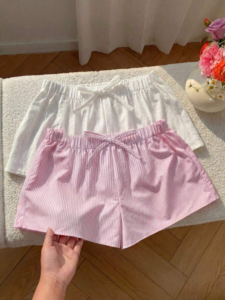SHEIN 2pcs/Set Tween Girls' Striped Shorts With Bow Decor - Multicolor - View 1