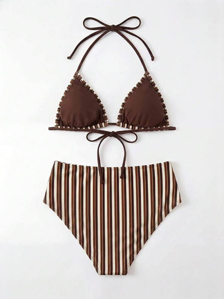 Brown And Beige Striped Jacquard Bikini Set With High-Waisted Bottoms Cute 2 Pieces Swimwear Vintage Swimwear Spring Summer Vacation Beachwear French Style Parisian Style