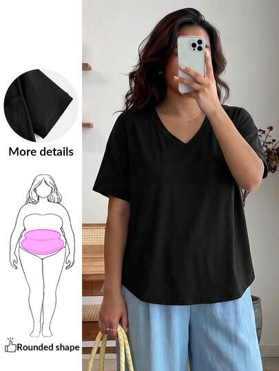 Enliva 大碼素色前口袋高低下擺T恤