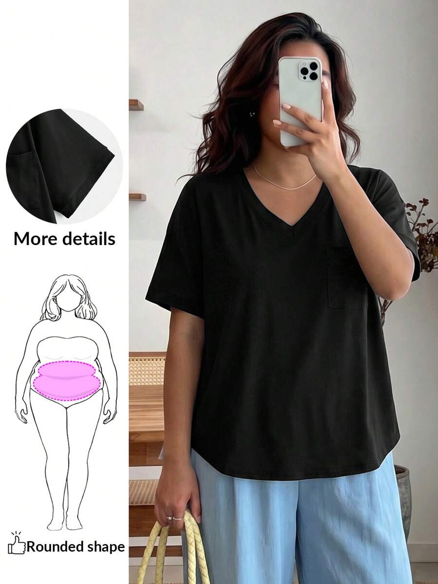 大碼素色前口袋高低下擺T恤 - 黑色 - 查看 1