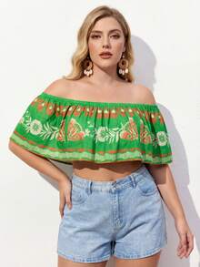 Maija Plus Size Women Tropical Plant Print Off Shoulder Ruffle Blouse, Vacation Style - Multicolor - View 6