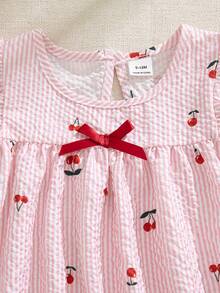 Souflis Souflis 法式新風女嬰幼兒 0-3 歲紅白條紋櫻桃印花荷葉袖洋裝，夏季可愛野餐度假出遊穿搭 - 粉色 - 查看 6