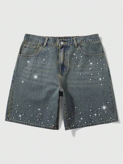 ROMWE MEN Street Life Men's Summer Casual Denim Shorts With Rivet And Rhinestone Decor