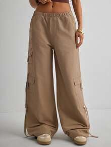Women Casual Solid Color Parachute Fabric Pants - Mocha Brown - View 7