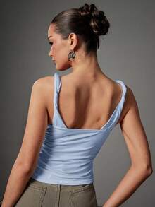 Hauture Women's Sexy Casual Twisted Shoulder With Low Back Design Going Out Basic Top - Baby Blue - View 2