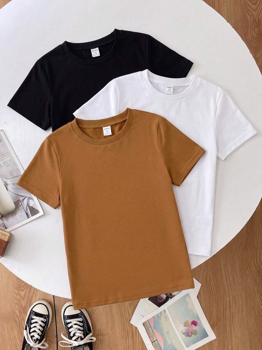SHEIN 3pcs/Set Tween Boys' Casual Multicolor Knitted T-Shirt, School, Campus, College - Brown - View 1