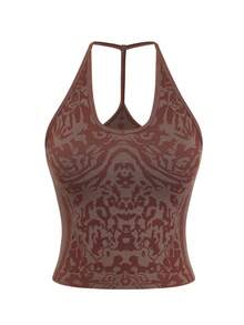 SHEIN 1pc Brown Moisture-Wicking Racerback Sports Tank Top,Summer Athleisure Gym Sweat-Absorbent Seamless Sleeveless Workout Yoga Basic Tank Top - Multicolor - View 1