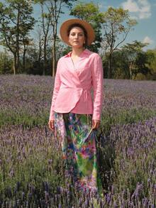 MOTF PREMIUM WOMEN'S PLUS LINEN TIE WRAP LONG SLEEVE BLOUSE, SPRING/SUMMER - Pink - View 5
