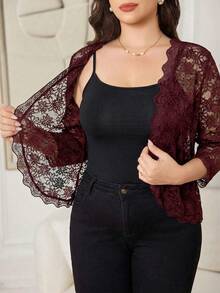 Reflora Plus Size Women Lace Patchwork Casual Versatile Lightweight Cardigan Fall - Burgundy - View 5