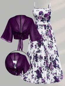 Franclia Plus Size Women Elegant White Summer Floral Print Maxi Dress,Bridal Wedding Guest Chiffon Butterfly Sleeve,Smocked High Waist Tiered Ruffle Hem Dress - Purple - View 4