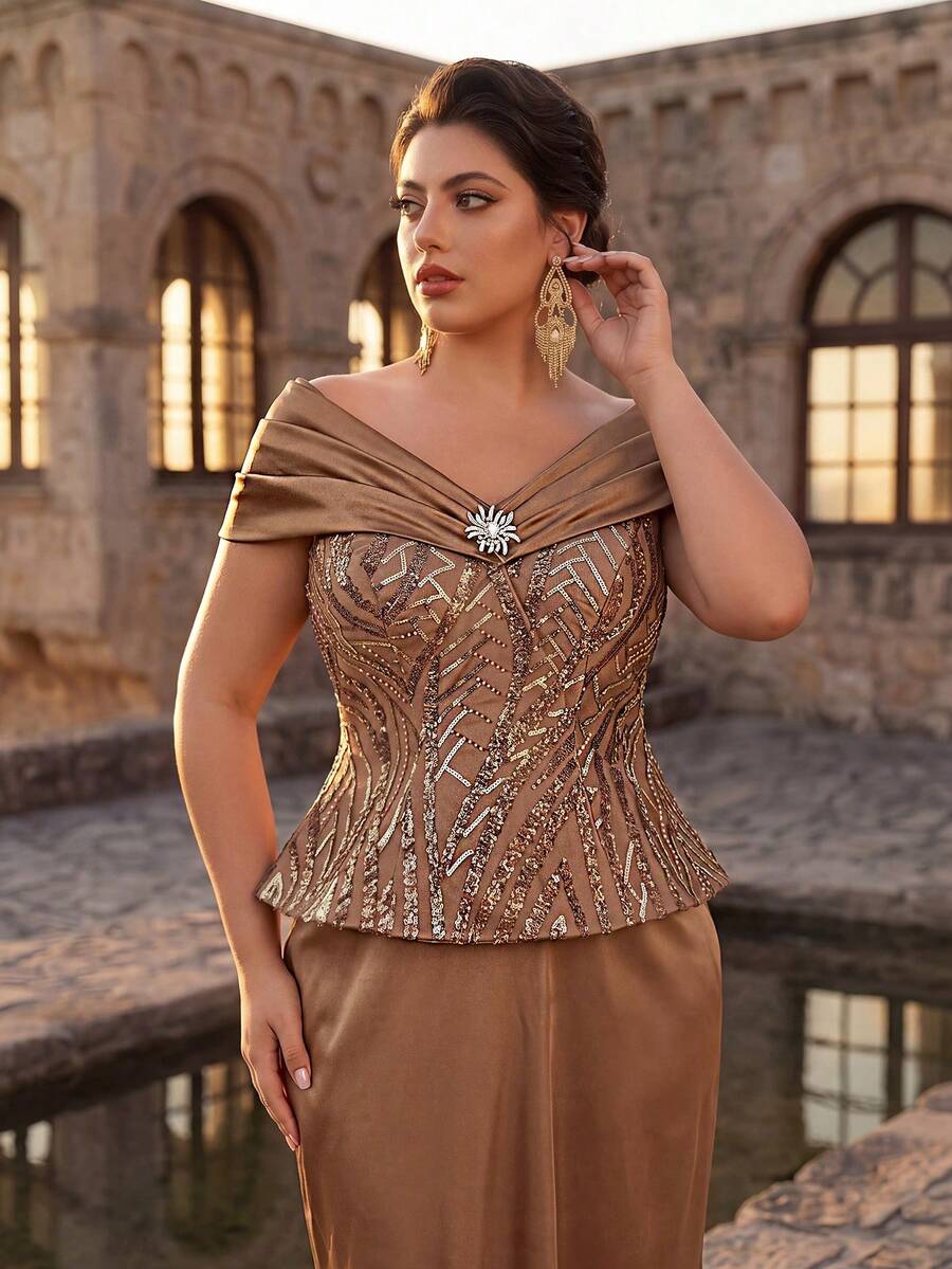 Serin Vestido elegante de talla grande en marrón con pliegues, lujoso parche con cuentas, decoración de volantes en el bajo tipo cola de sirena, adecuado para bodas, fiestas, eventos formales, vestido de noche de lujo, madre de la novia - Marrón - Ver 1