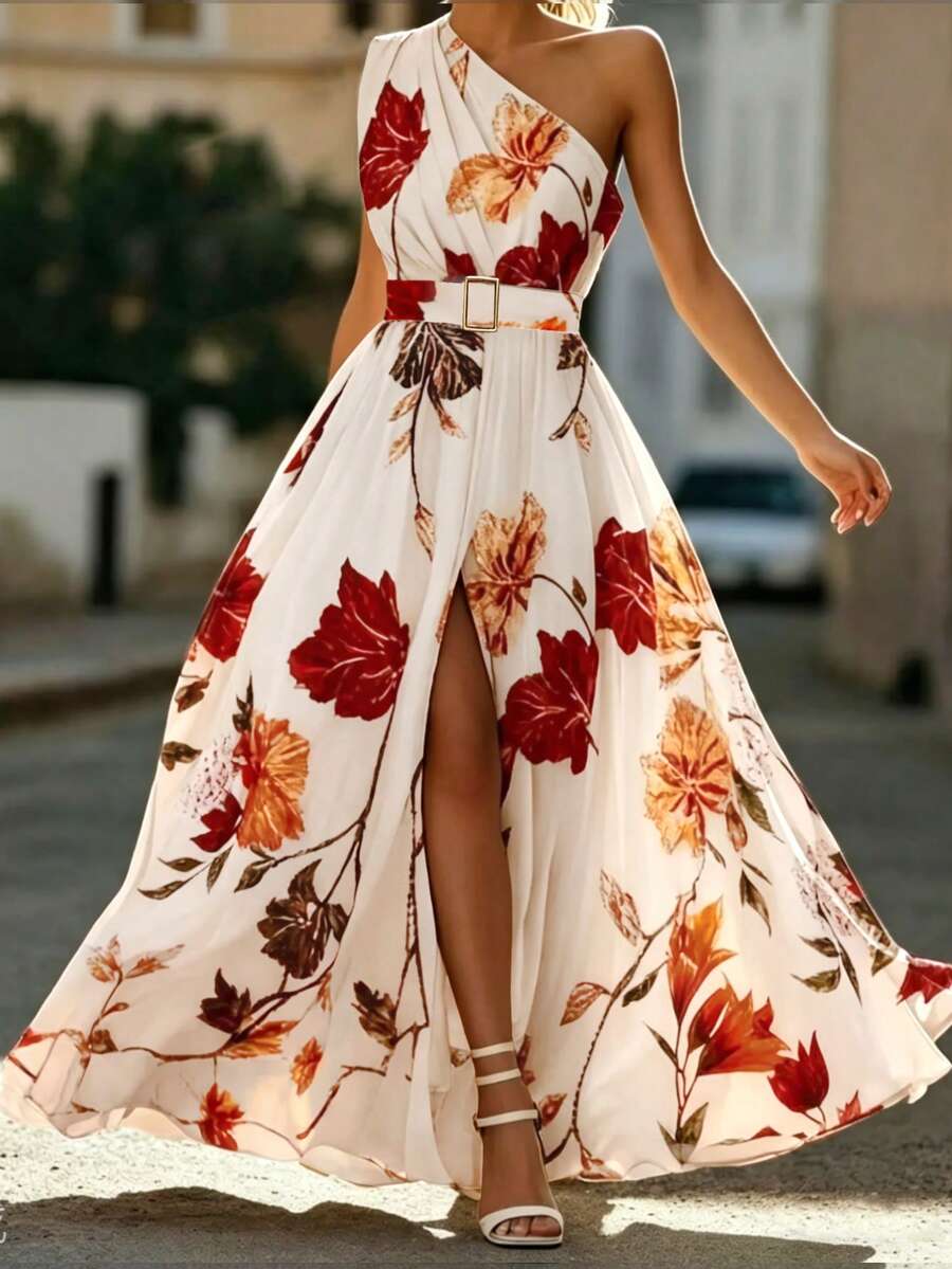 SHEIN Elenzya 大码梭织印花优雅夏季女式度假连衣裙 - 杏色 - 查看 1