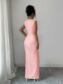 Rafferiza Elegante y grácil vestido sexy con cuello en V, cintura fruncida y abertura lateral, color azul claro, para primavera/verano - Rosa Pálido - Ver 2