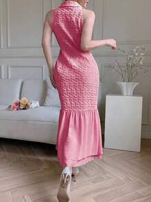 Modelyn Elegant Blazer Collar Double-Breasted Chiffon Patchwork Jacquard Yellow Dress - Hot Pink - View 6