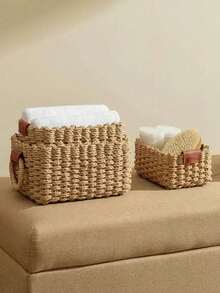 Juego de 3/2/1 cesta de almacenamiento de mimbre pequeña, cesta de almacenamiento estilo bohemio, cesta tejida, juego de cestas de almacenamiento tejidas con asa, cesta de almacenamiento de cuerda de papel, adecuada para estantes, armarios de baño, cajones, salas de estar, dormitorios, escritorios, decoración de estilo granja, 3 piezas cesta de almacenamiento cuadrada decorativa, cesta de almacenamiento estilo bohemio. - Caqui - Ver 7