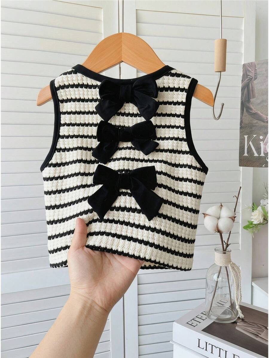 LMoss Kids Áo vest dệt kim kiểu dáng thường ngày kẻ sọc phối màu tương phản dành cho bé gái - Đen và trắng - Xem 1