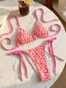 Swim Mod Bộ đồ đi biển 2 món dành cho nữ, thời trang dễ thương, gợi cảm, thích hợp cho kỳ nghỉ hè, bơi lội, tiệc tùng bên bờ biển, họa tiết hoa nhí ngẫu nhiên, áo crop top buộc dây sau lưng và quần bikini buộc dây bên hông, thích hợp cho mùa xuân/hè. - Nhiều màu - Xem 3