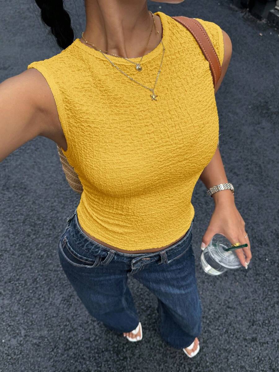 Siren Gaze Summer New All-Match Versatile Textured Fitted Tank Top For Women,Summer Top Golf Pastal Sexy - Yellow - View 1