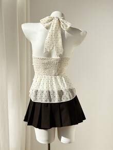 SHEIN PETITE Áo sơ mi nữ kiểu dáng thường ngày mùa xuân/hè, chất liệu chiffon xếp tầng, họa tiết chấm bi, thắt eo, tôn dáng, thích hợp mặc đi biển. - Nhiều màu - Xem 2