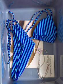 Swim Mod Bộ bikini hai mảnh buộc dây cổ họa tiết sọc nhiệt đới dễ thương dành cho nữ, thích hợp cho các buổi tiệc bãi biển thường ngày. - Nhiều màu - Xem 1