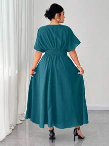 SHEIN Elenzya Plus Size V-Neck Solid Color Short Sleeve Casual Dress, Simple & Fashionable For Everyday Wear,Valentine - Mint Green - View 2